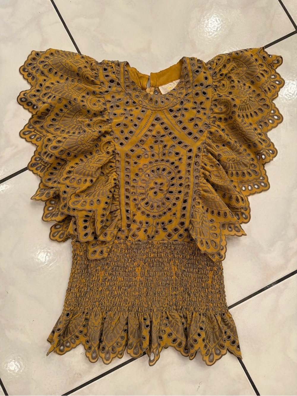 JEN’S PIRATE BOOTY Golden Yellow Eyelet Ruffle Boho Chloe Top Blouse M $198